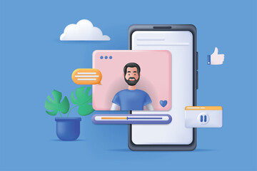 Obraz premium Mobile video player concept 3D illustration. Icon composition with mobile software for viewing video content, live broadcasts, blogs, trainings and webinars. Vector illustration for modern web design