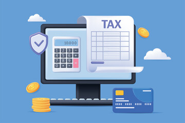 Online tax concept 3D illustration. Icon composition with digital invoice form, credit card payment on computer screen, calculator and auditing reports. Vector illustration for modern web design
