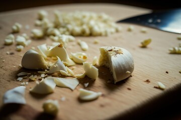Fototapeta na wymiar Garlic chopped on a cut board chef cooking table (Ai generated)