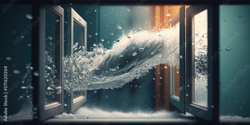 Poster water splashes against the window. background is amorphous. narrow dof. generative ai