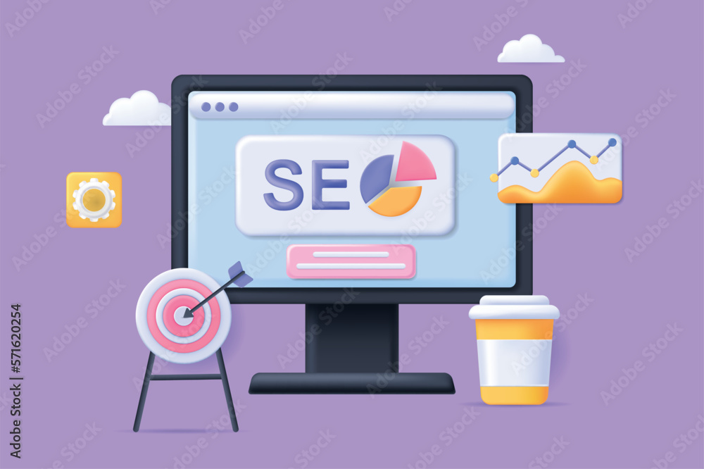 Poster seo development concept 3d illustration. icon composition with data statistics, site browser on comp