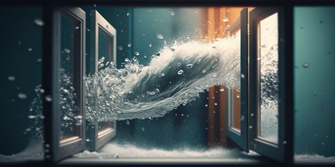 Water splashes against the window. Background is amorphous. narrow DOF. Generative AI