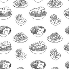 Korean food seamless pattern. Pajeon, kimchi, kalbi, bibimbap. Vector outline illustration for menu, packaging design.