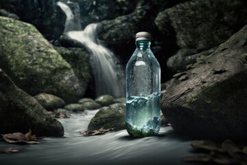 In front of a waterfall, a water bottle is perched on a stone. Are we about to run out of water The global demand for water will rise by almost 55% by the middle of the century. Generative AI