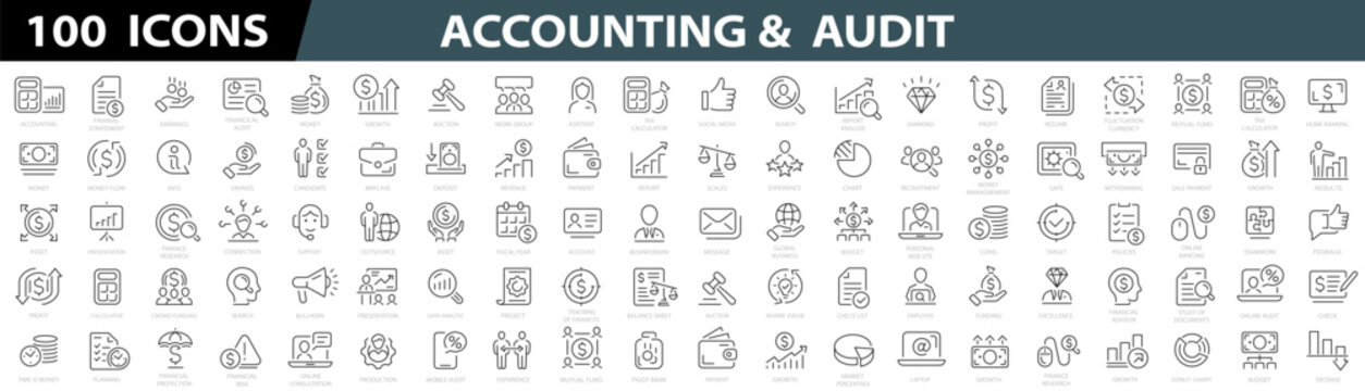 Accounting and audit icon set. Taxes and accounting line icons collection. Check and audit line icons collection. Containing financial statement, accountant, financial audit.  Vector illustration