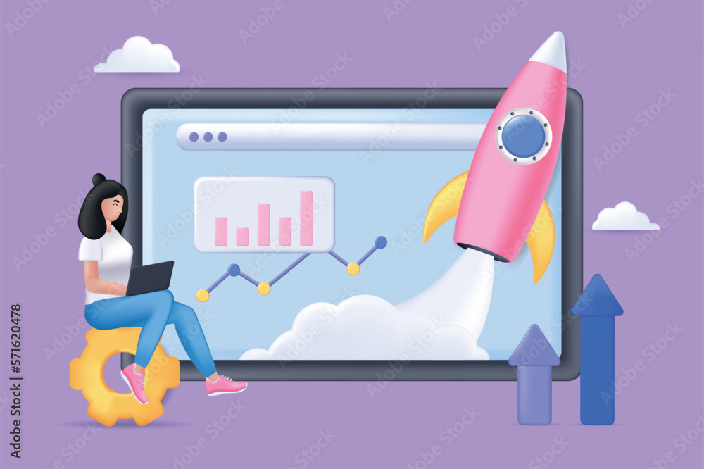 Aufkleber Startup concept 3D illustration. Icon composition with businesswoman developing new business, analyzing data and charts, growth arrows on computer screen. Vector illustration for modern web design