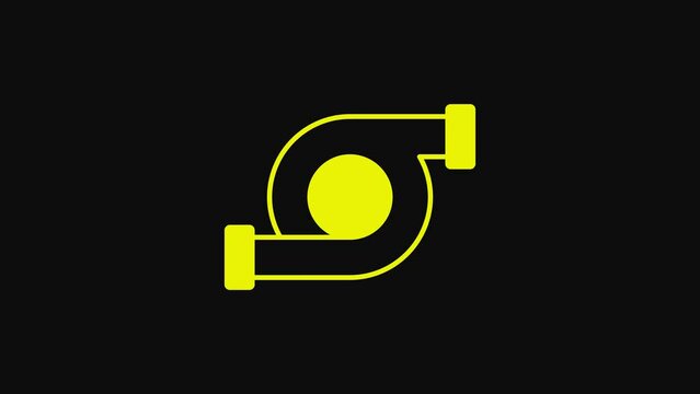 Yellow Automotive turbocharger icon isolated on black background. Vehicle performance turbo. Turbo compressor induction. 4K Video motion graphic animation