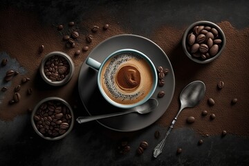 Delicious espresso delivered in a cup with a spoon and coffee beans all around. view from the top. a gloomy background Banner. Generative AI