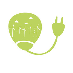 Light bulb with windmill field as power source. Renewable energy concept