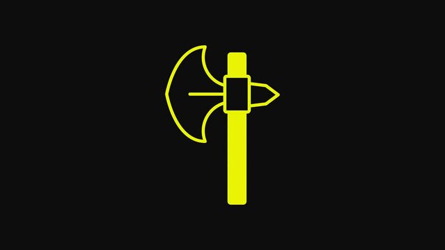 Yellow Medieval axe icon isolated on black background. Battle axe, executioner axe. Medieval weapon. 4K Video motion graphic animation