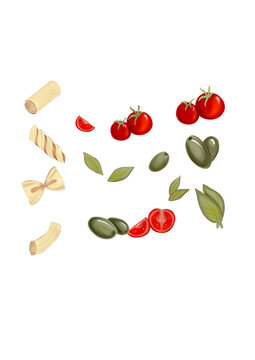 
Ingredients for italian pasta isolated on transparent background. Tomatoes, olives, basil. Italian pasta PNG illustration. food pictures