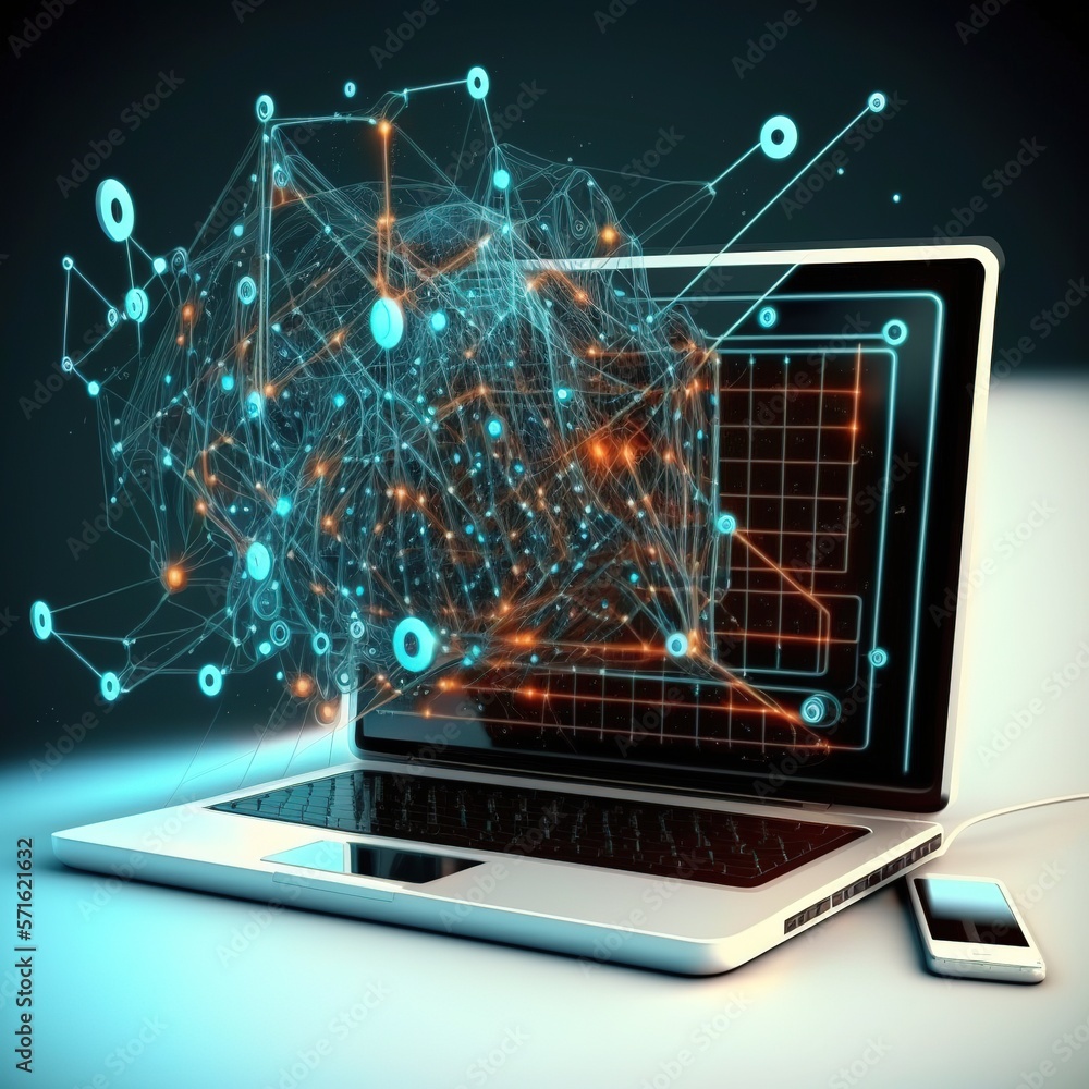 Poster big data technology background. using a laptop against the background of visualization of a computer
