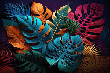 Fototapeta na wymiar Colorful tropical leaves creative background, Generative AI