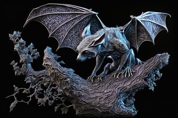 a bat, perched atop a gnarled tree branch. Generative AI