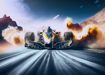 Sports racing car on the track with smoke and flames escaping from under the wheels. AI generated.