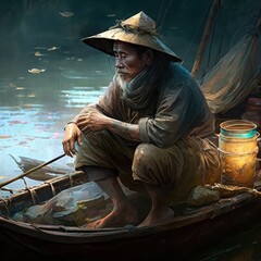 vietnamese man fishing. generative ai