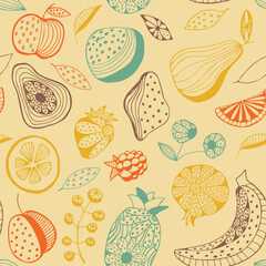 bright fruits and berries seamless pattern. abstract fruits light background. Juicy colors. Delicious and beautiful. Vector illustration