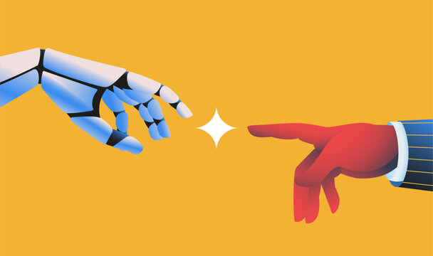 Robot hand touching human hand. Artifical intelligence concept. Vector illustration. 
