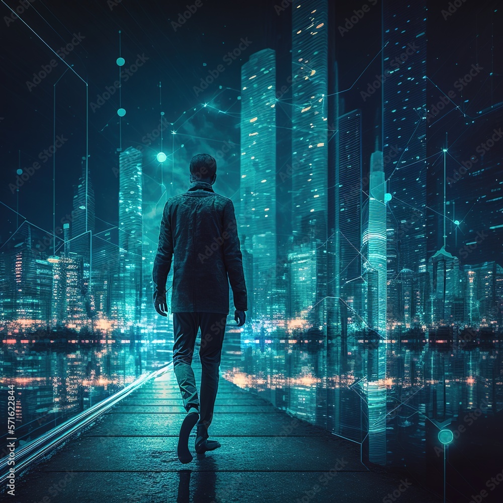 Poster concept of business technology, at night, a professional businessman walks on a future network city 