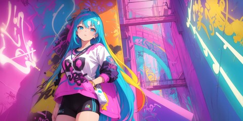 Naklejka premium Beautiful anime girl, graffiti Artist. Generative AI