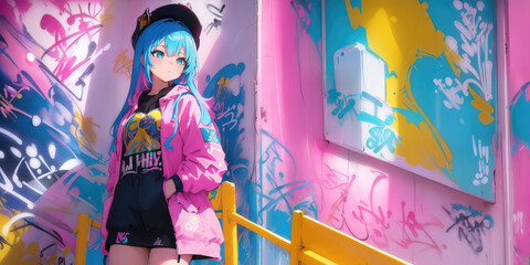 Fototapeta premium Beautiful anime girl, graffiti Artist. Generative AI