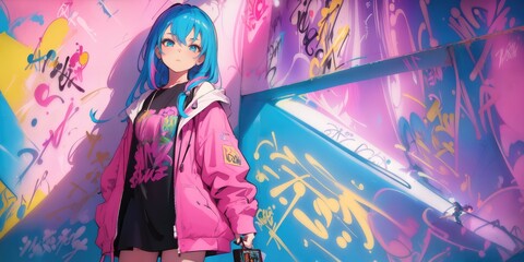 Beautiful anime girl, graffiti Artist. Generative AI - obrazy, fototapety, plakaty