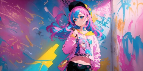 Obraz na płótnie Canvas Beautiful anime girl, graffiti Artist. Generative AI