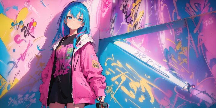 Beautiful Anime Girl, Graffiti Artist. Generative AI