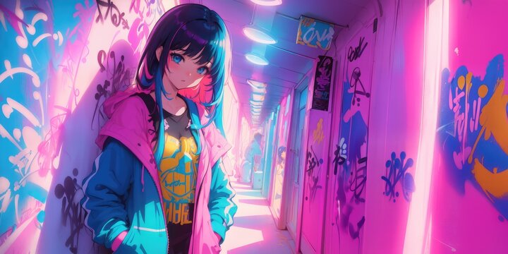 Beautiful anime girl, graffiti Artist. Generative AI