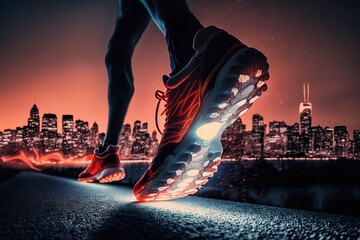 An athlete running on the road in the city at night. Close up of his feet.  Concept: Trail running sport action and human challenge outdoors with fresh air.  Generative ai