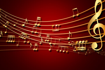 Abstract musical background. Gold music notes and treble clef on line wave of sound tune