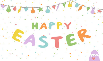 Happy Easter lettering, bunting and hutching egg vector illustration with speckled background