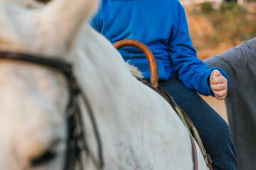 Close up view of a boy riding a horse while having an equine therapy session.