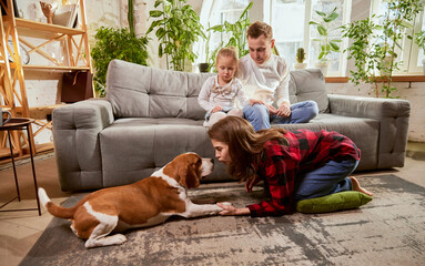 Lovely parents, couple, family playing with their dog in living room on warm sunny day at home. Relaxation and happiness. Concept of relationship, family, parenthood, childhood, animal life