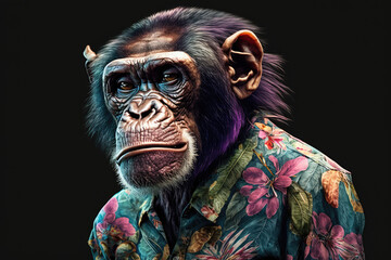 majestic vaporwave chimpanzee monkey wearing a floral hawaiian designer shirt made by generative ai