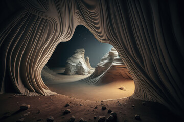 peaceful futuristic curtain cave on mars lit with moonlight made by generative ai 