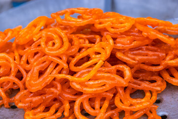 Famous Indian sweet dish Jalebi on shop for sale in Chandni Chowk market in new delhi.