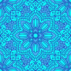 blue linear mandala, seamless pattern, repeating colorful background, vector illustration.