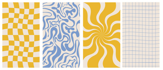 Groovy hippie 70s vector backgrounds set. Chessboard and twisted patterns. Backgrounds in trendy retro trippy style.Twisted and distorted vector texture in trendy retro psychedelic style
