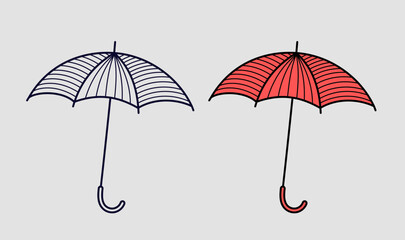 Umbrella like a device consisting of a circular canopy of cloth on a folding metal frame supported by a central rod, used as protection against rain or sometimes sun.  Flat vector illustration - obrazy, fototapety, plakaty