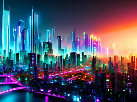 vivid color futuristic future city night mist skyscrapers Old and New architecture wallpaper