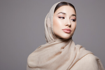 beautiful islamic young woman with Make-up. beauty girl in hijab