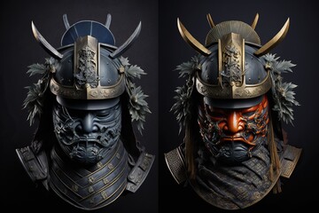samurai Japanese masks of samurais isolated on the dark background,Generative ai