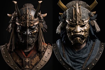 samurai Japanese masks of samurais isolated on the dark background,Generative ai - obrazy, fototapety, plakaty