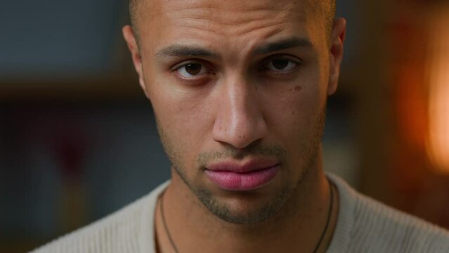 Portrait man African American adult guy serious angry pensive expression looking at camera Latino multiracial ethnicity male businessman with sad offended face emotion posing close-up headshot indoors