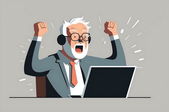 Flat vector illustration Happy senior businessman with laptop and headphones raising fists up celebrating good work won online. Excited senior professional businessman looking at computer ecstatic... 