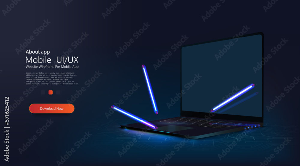Aufkleber a portable neon computer with a blank screen and a desk in a dark room with blue lighting. technolog