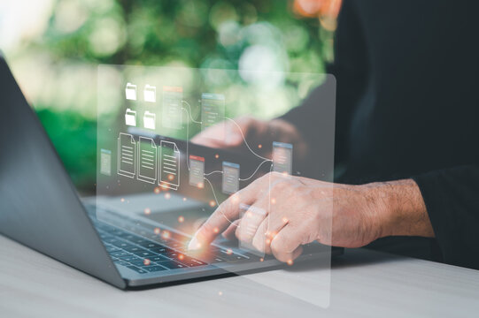 Database administrators backup company, customer data concept. Databases, computer, file, document, database, folder, cloud stored. Software engineering is restoring data to servers. black background