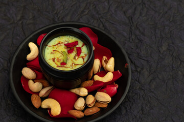 Pista Badam Thandai Prepared With Fennel Seeds, Dry Fruits, Cardamom, Bhang, Badam, Kaju, Pista, Saffron, Kesar, Spices, Beverages Is Enjoyed On Holi, Mahashivratri, Holla mahalla, Diwali Festival
