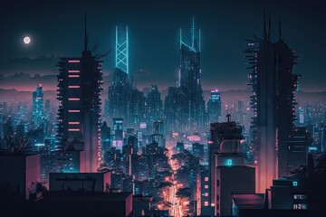 Conceptual Ai Generated Image - Tokyo metropolitan skyline at night in the Japanese country of Cyberpunk. Generative AI